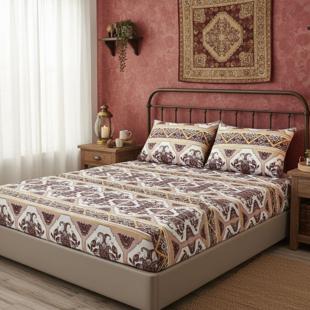 DaDa Bedding Majestic Oriental Kilim Fitted Sheet - w/ Pillow Cases Royal Persian Traditional Design Intricate Ornate Ornament Print