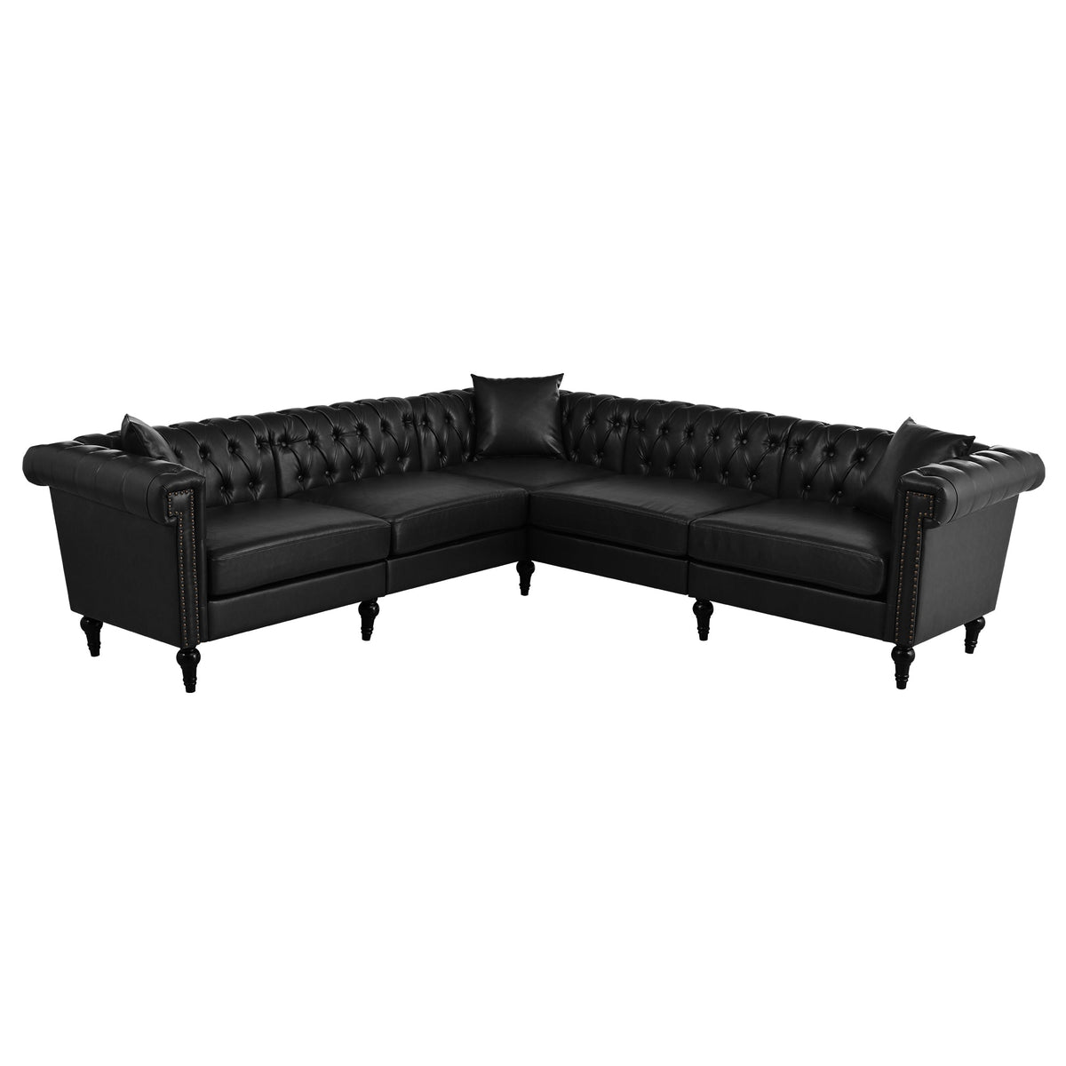 Sectional Sofa Couch for Living Room, L Shaped Reversible Modern Chesterfield Sofa with Rolled Arms and Nailhead, 5 Seat Tufted Couch for Small or Large Space(Black) PU Leather