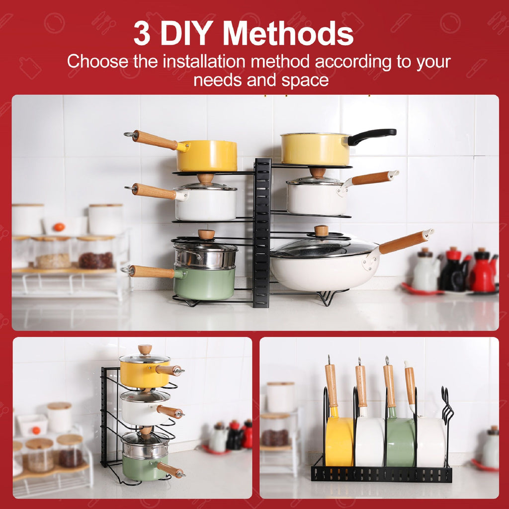 Adjustable Pot Rack Kitchen Storage Organizer with Customizable Installation - Black