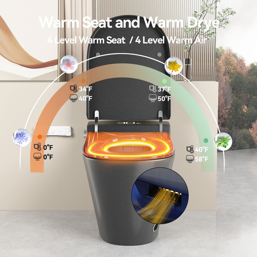Smart Bidet Toilet with Heated Seat & Auto Open - White, Black, or Dark Gray