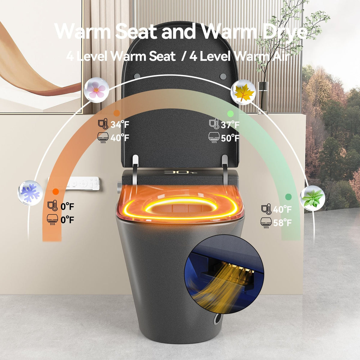 Smart Bidet Toilet with Heated Seat & Auto Open - White, Black, or Dark Gray