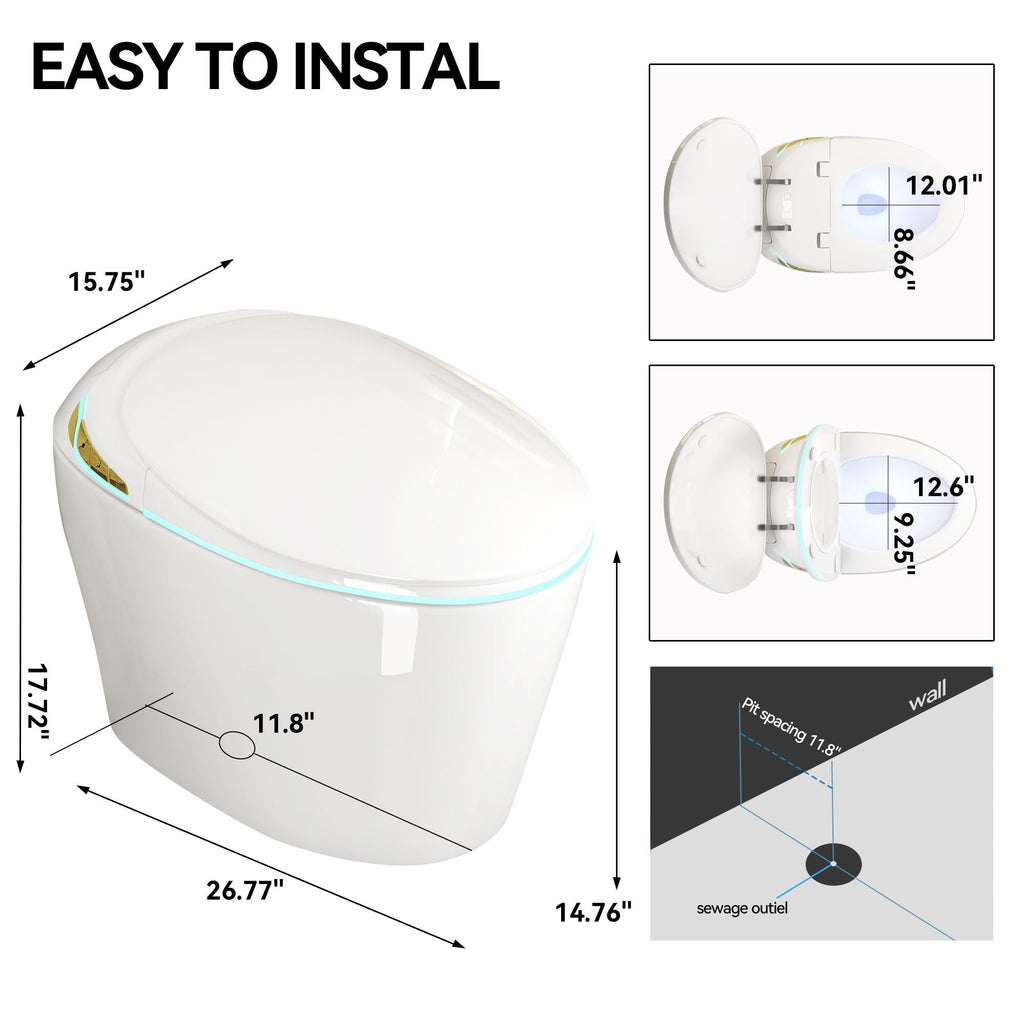 Smart Toilet with Built-In Bidet and Auto Open/Close Seat - White, Dark Gray, Black