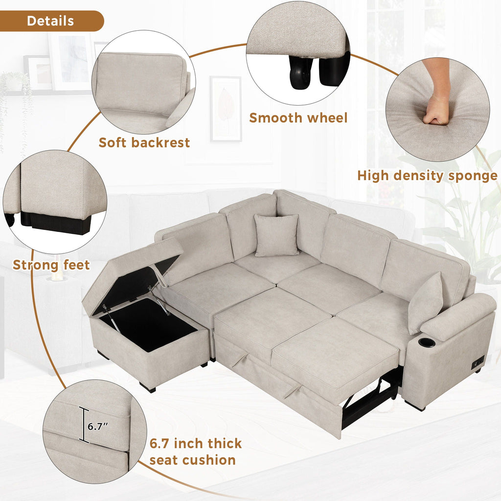 Sleeper Sofa Bed Sectional with Storage Ottoman - Gray, Beige, Green, Black
