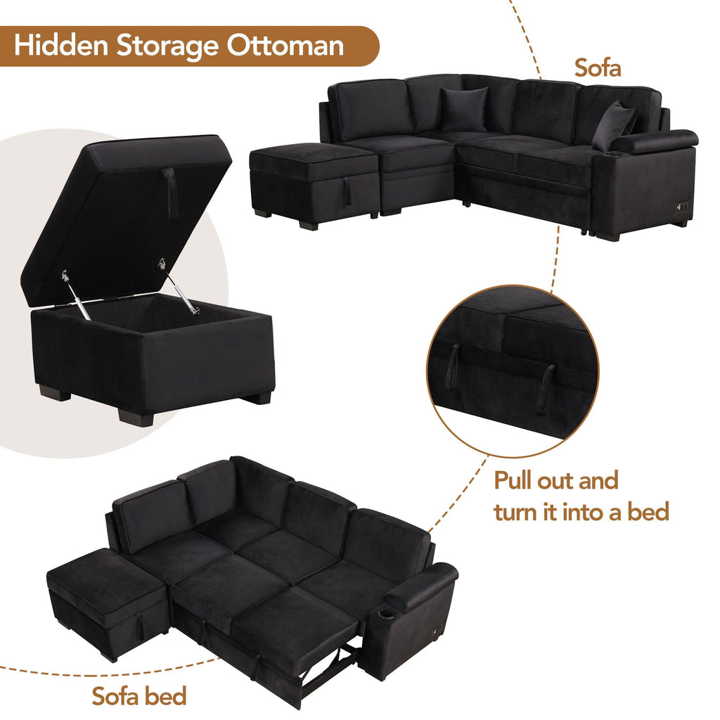Sleeper Sofa Bed Sectional with Storage Ottoman - Gray, Beige, Green, Black