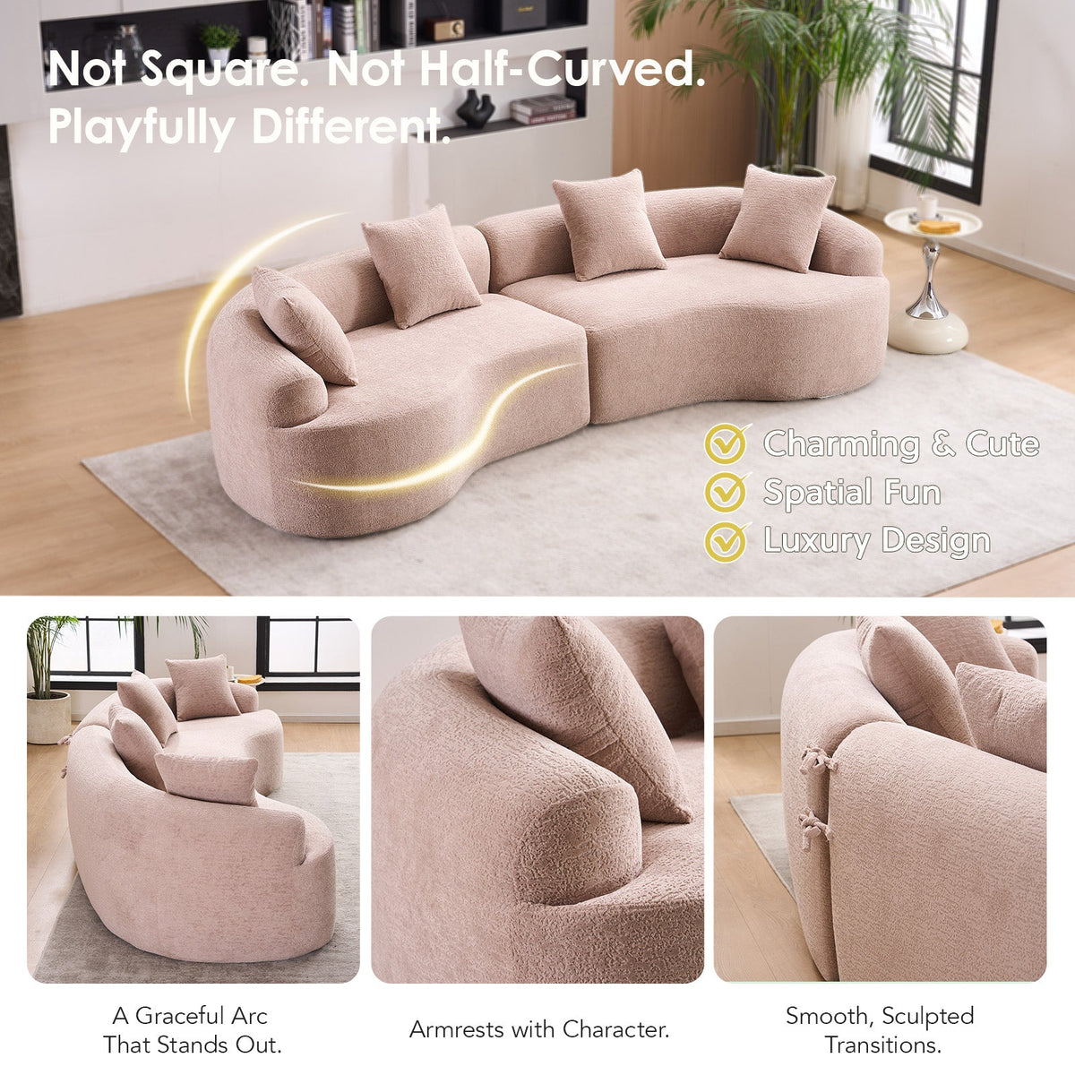 Modular Sleeper Sectional Sofa with Curved Design - Wood Grain Chenille