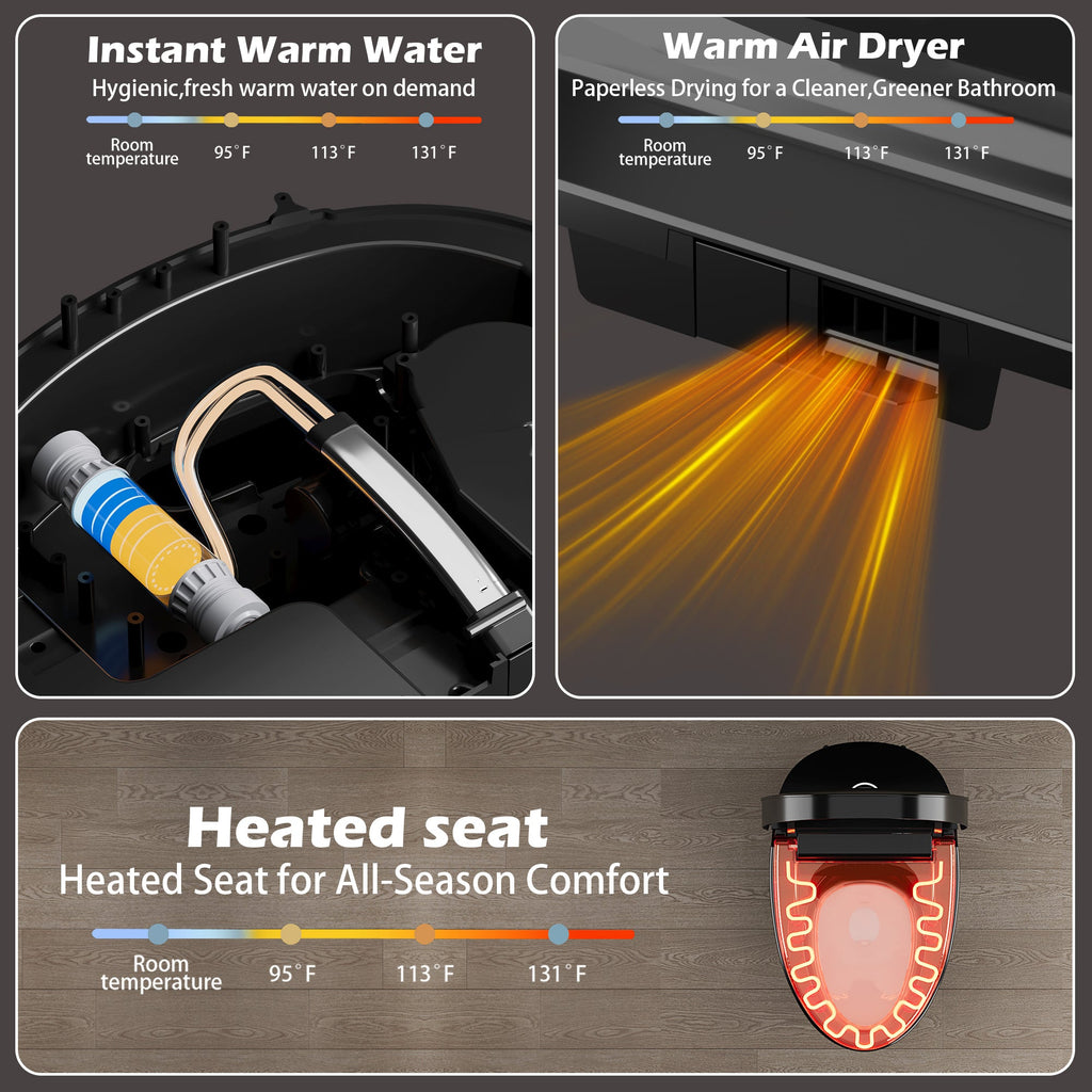Smart Toilet with Bidet Built-in and Heated Seat - Black