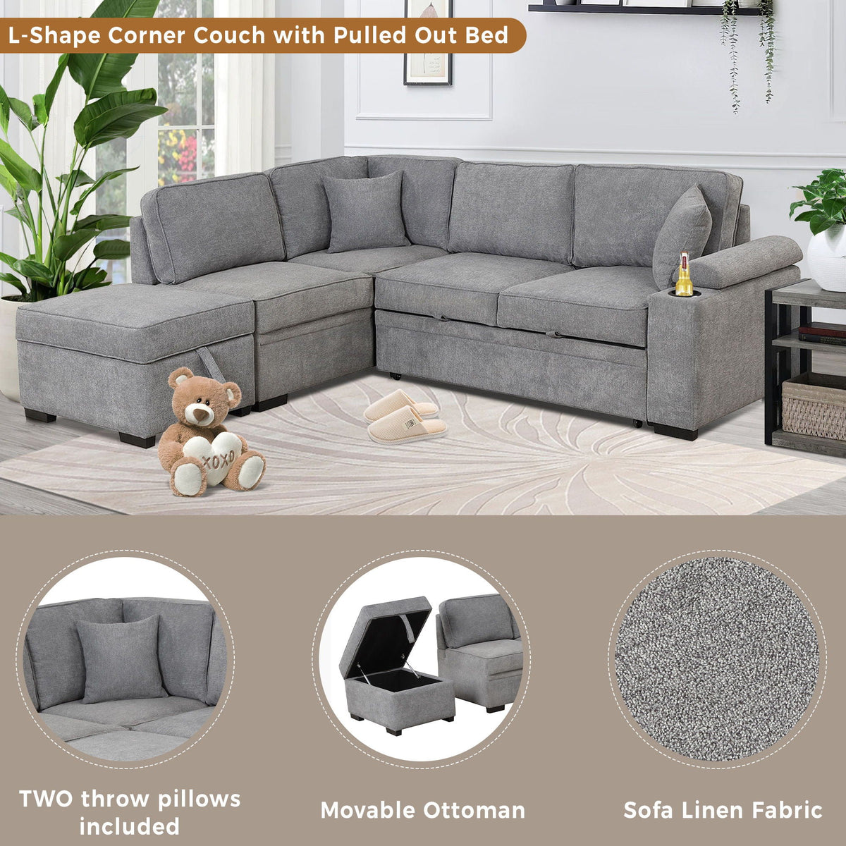 Sleeper Sofa Bed Sectional with Storage Ottoman - Gray, Beige, Green, Black