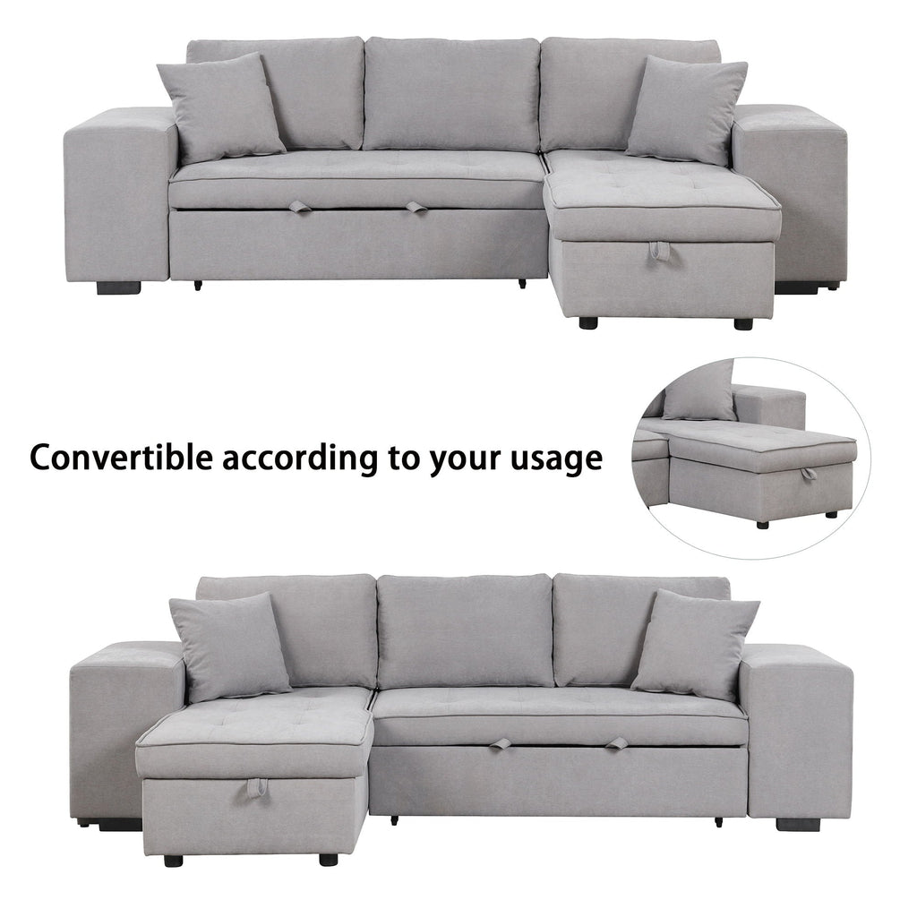 Modern L-Shape 3 Seat Reversible Sectional Couch, Pull Out Sleeper Sofa With Storage Chaise And 2 Stools For Living Room Furniture Set