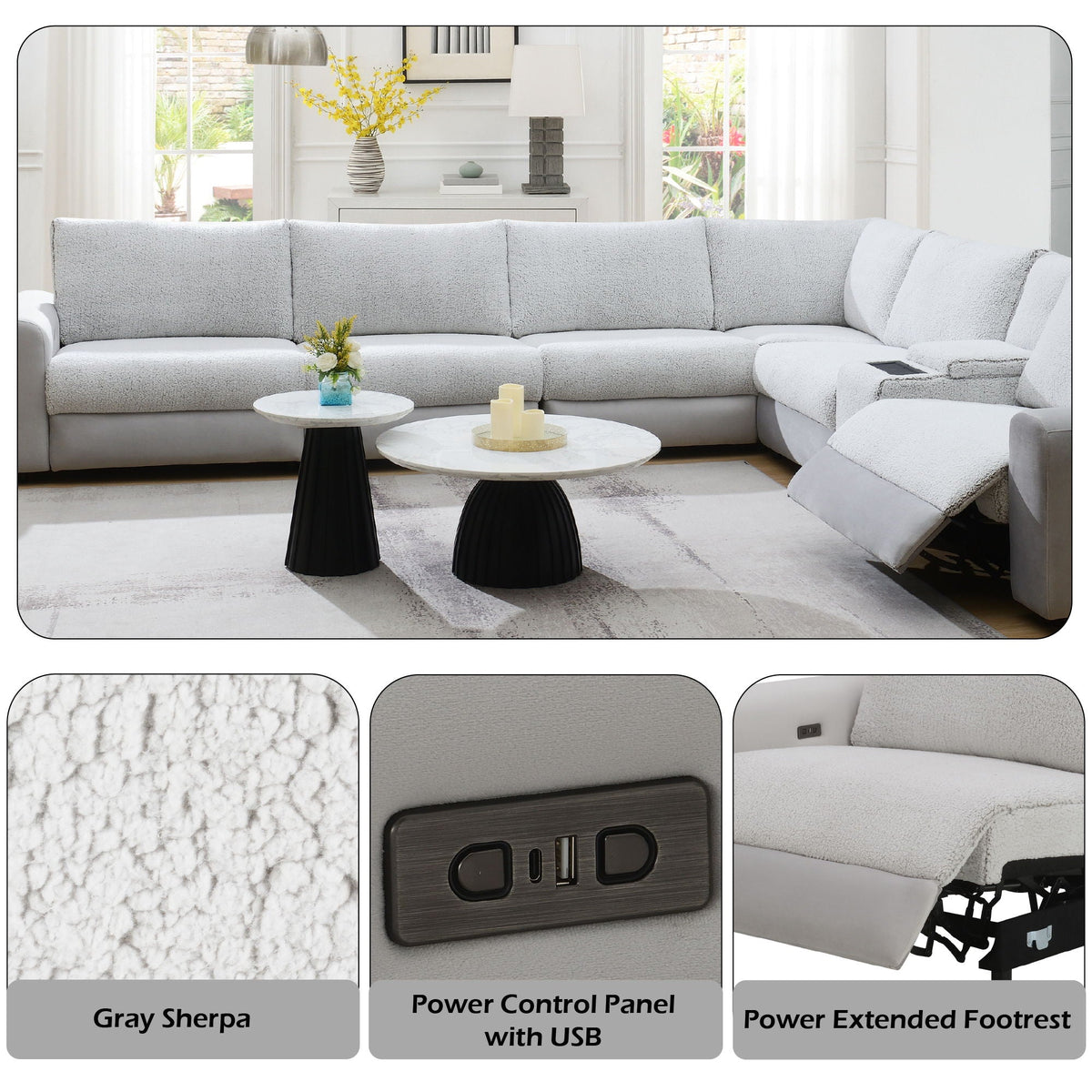 Modular Power Recliner Sectional with Cup Holders and Wireless Charging - Gray