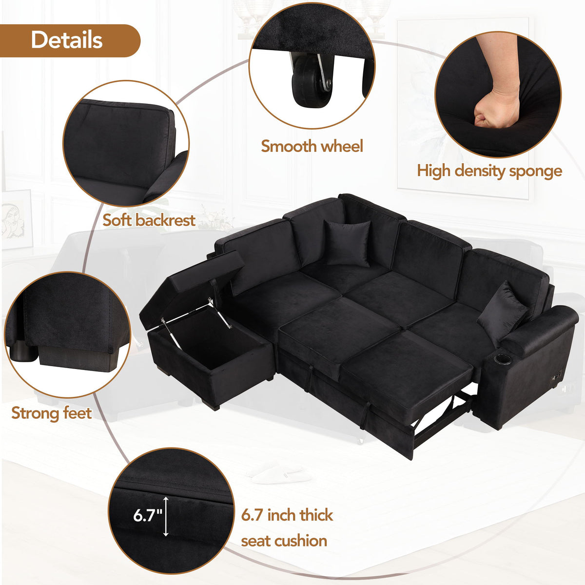 Sleeper Sofa Bed Sectional with Storage Ottoman - Gray, Beige, Green, Black