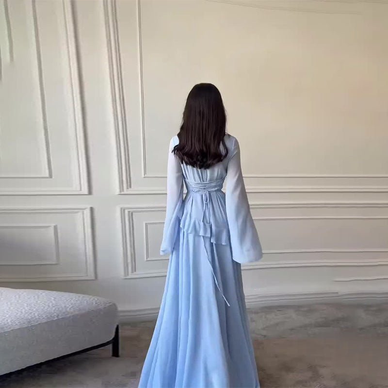 Chiffon Ruffle Gown with Tie-Back | Bell Sleeve Tiered Maxi Dress(MS227)