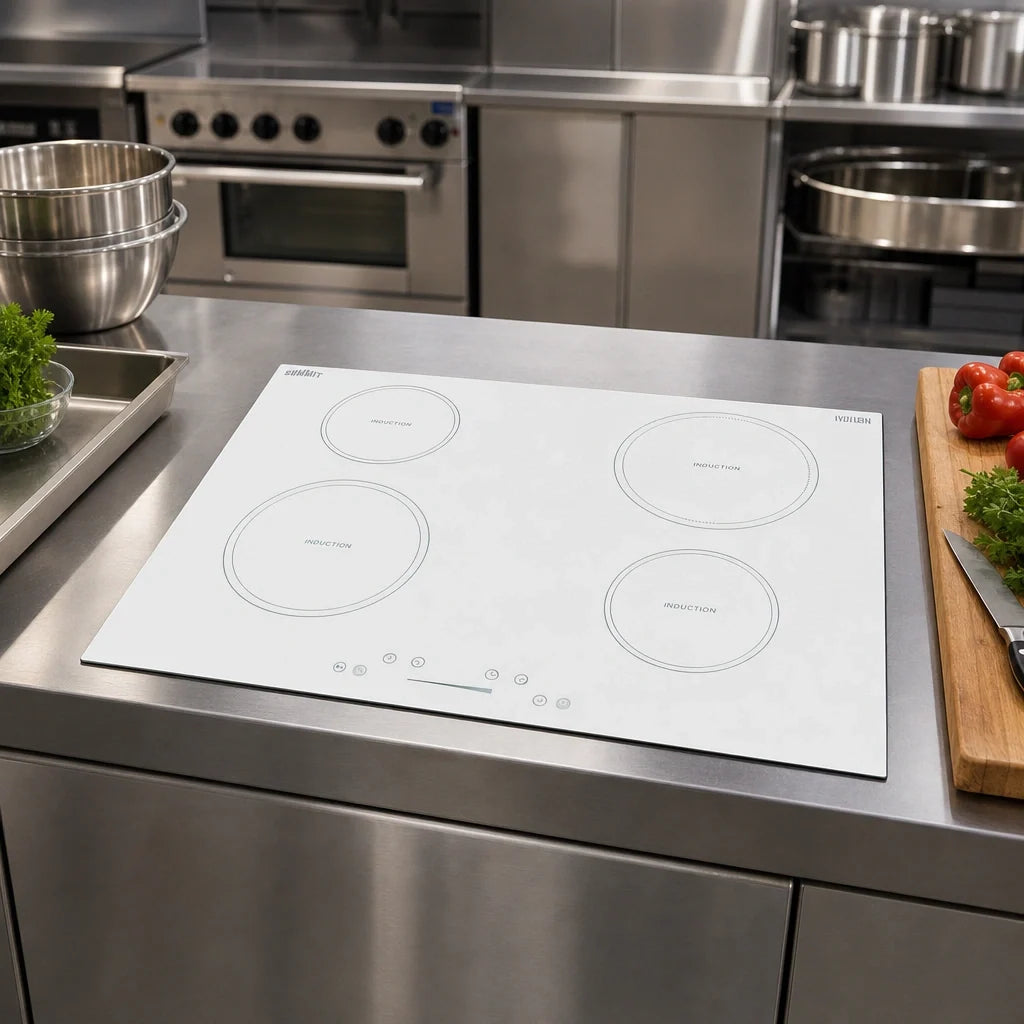 Summit Commercial SINC4B302W 30-Inch 4-Burner Drop-In Induction Cooktop, White, Digital Touch Controls, 208-240V