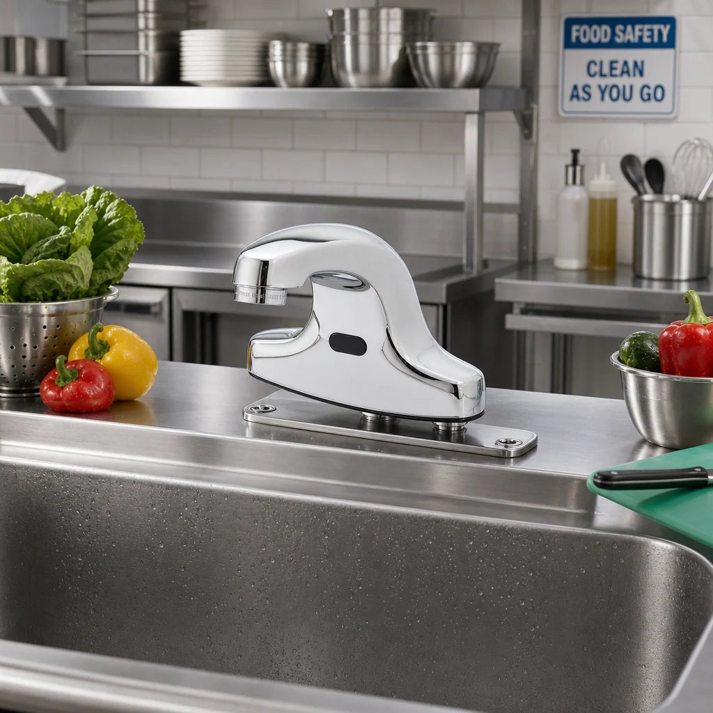 T&S Brass equip 5EF-2D-DS-TMV Touchless Electronic Sensor Deck-Mount Faucet, Thermostatic Mixing Valve, Rigid Spout, 4-Inch Centers, Chrome