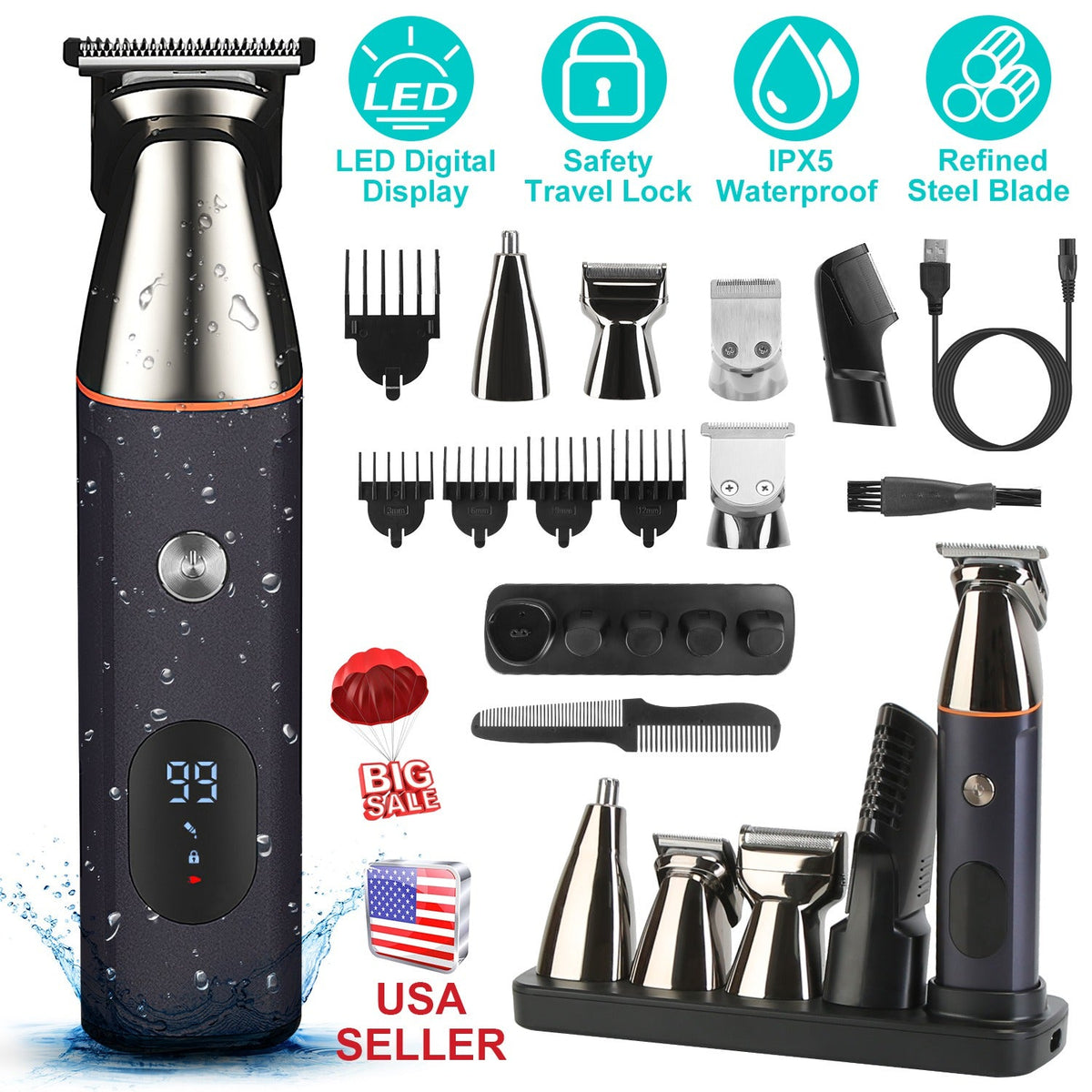 All In One Beard Trimmer for Men With 5 Trimmer Heads IPX5 Waterproof Electric Razor For Face Nose Body Beard Cordless Hair Shaver Clipper Grooming Ki