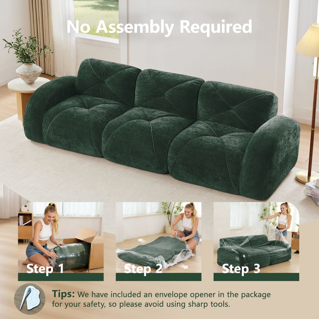 110''Boneless Sofa With Tufted,Soft Velvet Fabric,Modular Sectional Sofa Couches,32D High Density Sponge,Anti-Slip Design,Ergonomic Design Bottom,No Assembly Required,For Study,Home Theater,Green