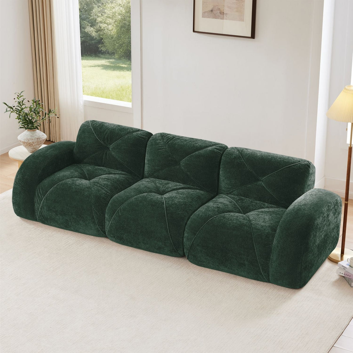 110''Boneless Sofa With Tufted,Soft Velvet Fabric,Modular Sectional Sofa Couches,32D High Density Sponge,Anti-Slip Design,Ergonomic Design Bottom,No Assembly Required,For Study,Home Theater,Green