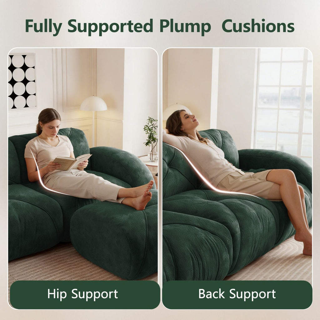 110''Boneless Sofa With Tufted,Soft Velvet Fabric,Modular Sectional Sofa Couches,32D High Density Sponge,Anti-Slip Design,Ergonomic Design Bottom,No Assembly Required,For Study,Home Theater,Green