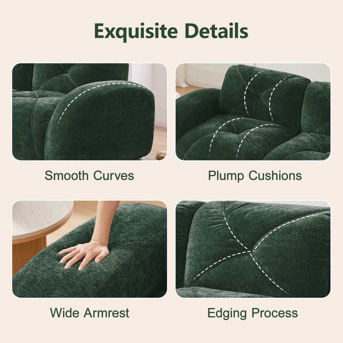 110''Boneless Sofa With Tufted,Soft Velvet Fabric,Modular Sectional Sofa Couches,32D High Density Sponge,Anti-Slip Design,Ergonomic Design Bottom,No Assembly Required,For Study,Home Theater,Green