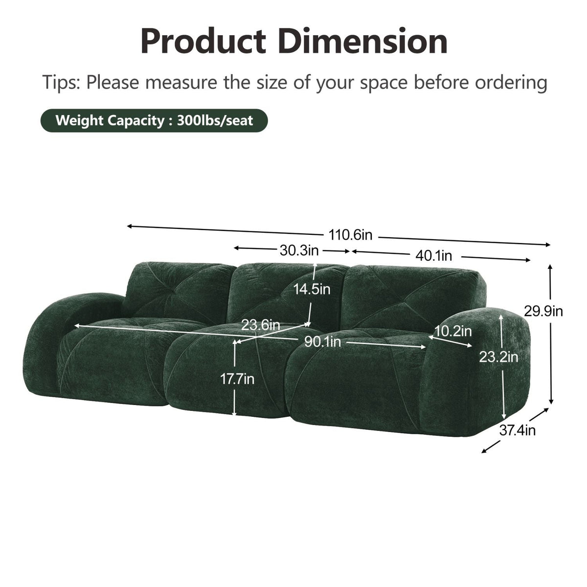 110''Boneless Sofa With Tufted,Soft Velvet Fabric,Modular Sectional Sofa Couches,32D High Density Sponge,Anti-Slip Design,Ergonomic Design Bottom,No Assembly Required,For Study,Home Theater,Green