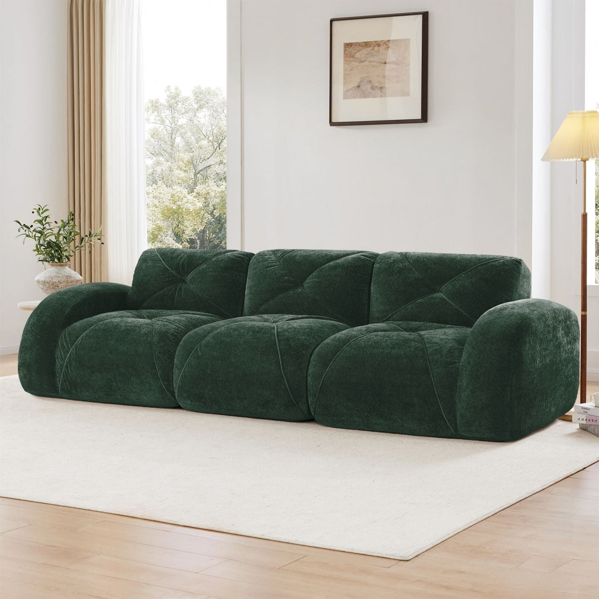 110''Boneless Sofa With Tufted,Soft Velvet Fabric,Modular Sectional Sofa Couches,32D High Density Sponge,Anti-Slip Design,Ergonomic Design Bottom,No Assembly Required,For Study,Home Theater,Green