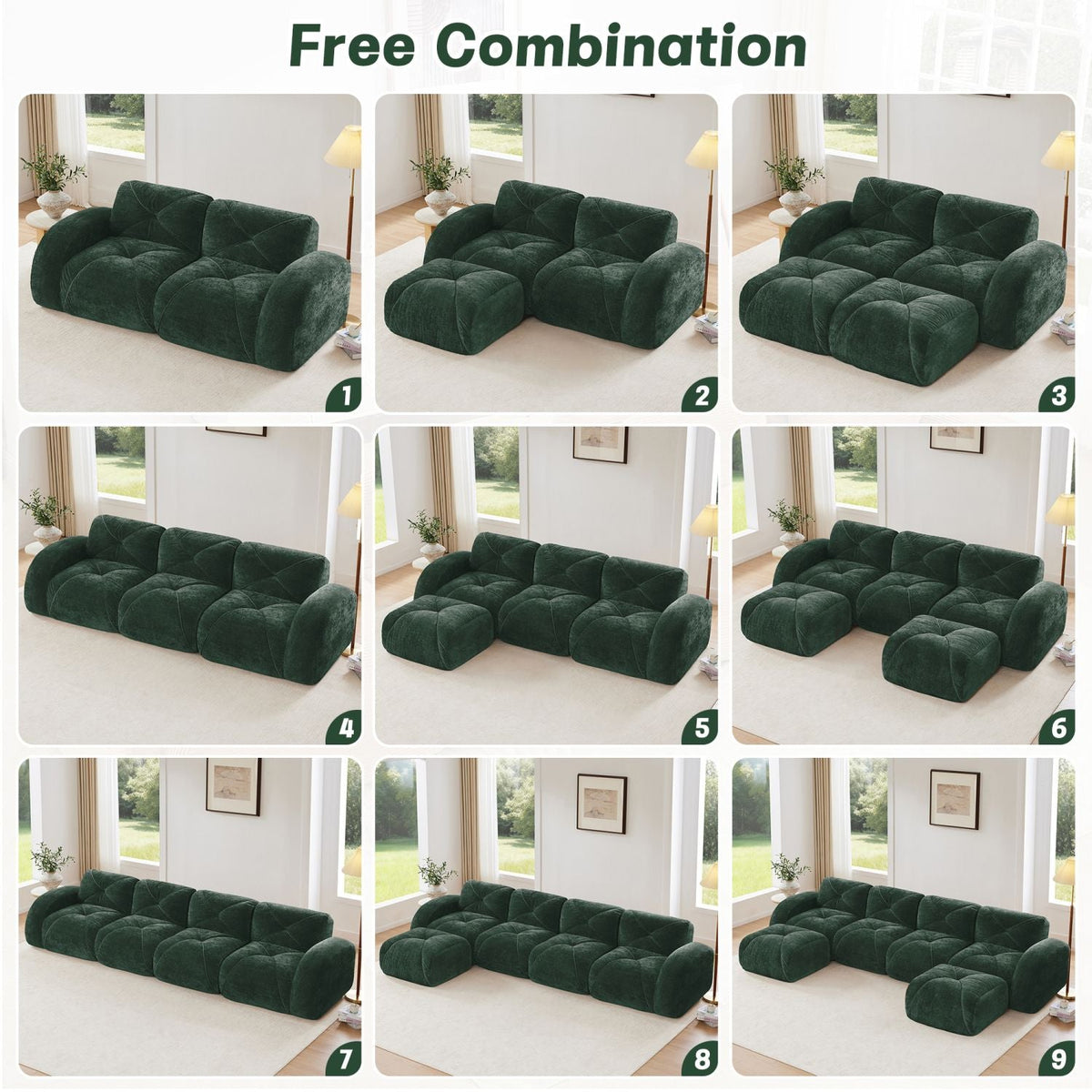 110''Boneless Sofa With Tufted,Soft Velvet Fabric,Modular Sectional Sofa Couches,32D High Density Sponge,Anti-Slip Design,Ergonomic Design Bottom,No Assembly Required,For Study,Home Theater,Green
