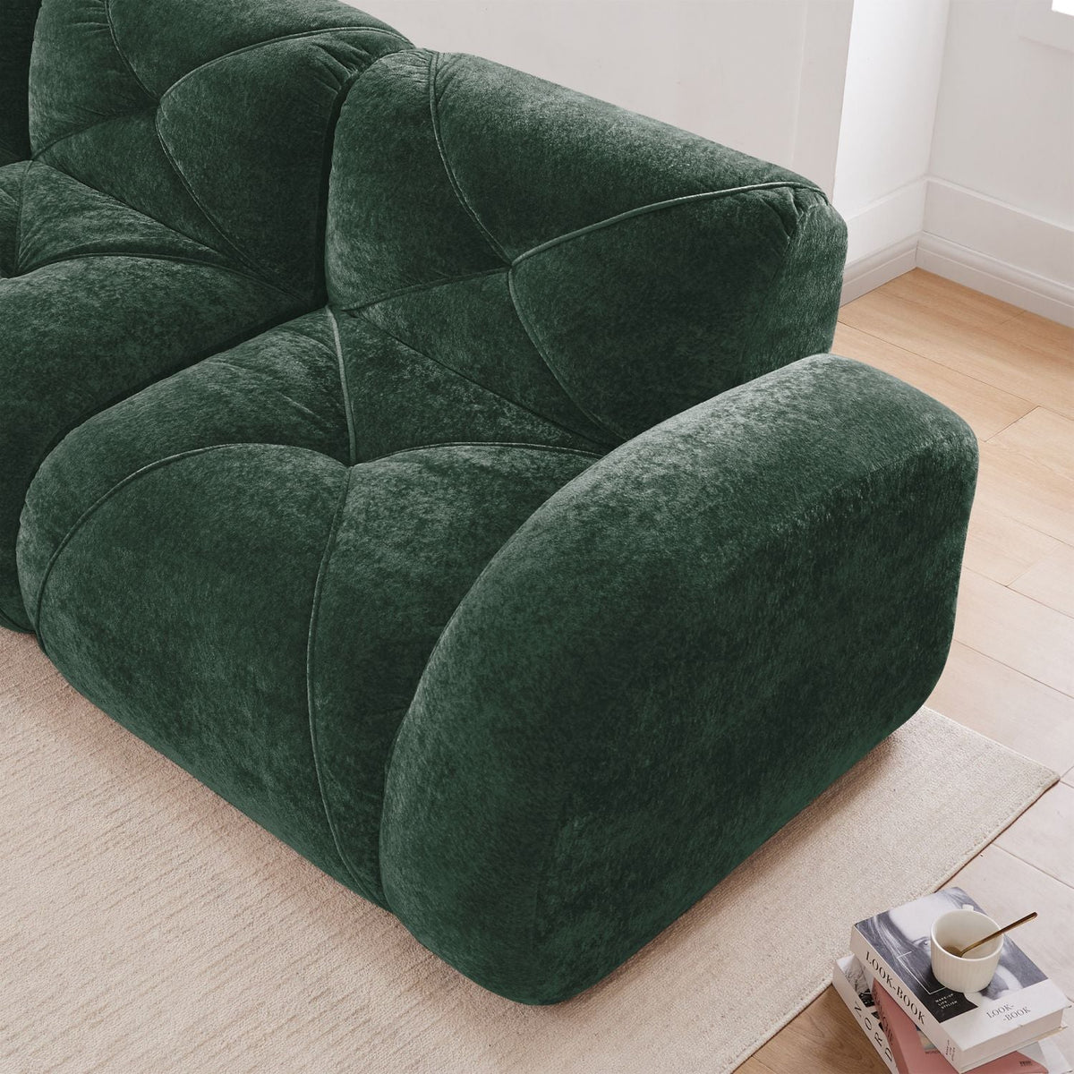 110''Boneless Sofa With Tufted,Soft Velvet Fabric,Modular Sectional Sofa Couches,32D High Density Sponge,Anti-Slip Design,Ergonomic Design Bottom,No Assembly Required,For Study,Home Theater,Green