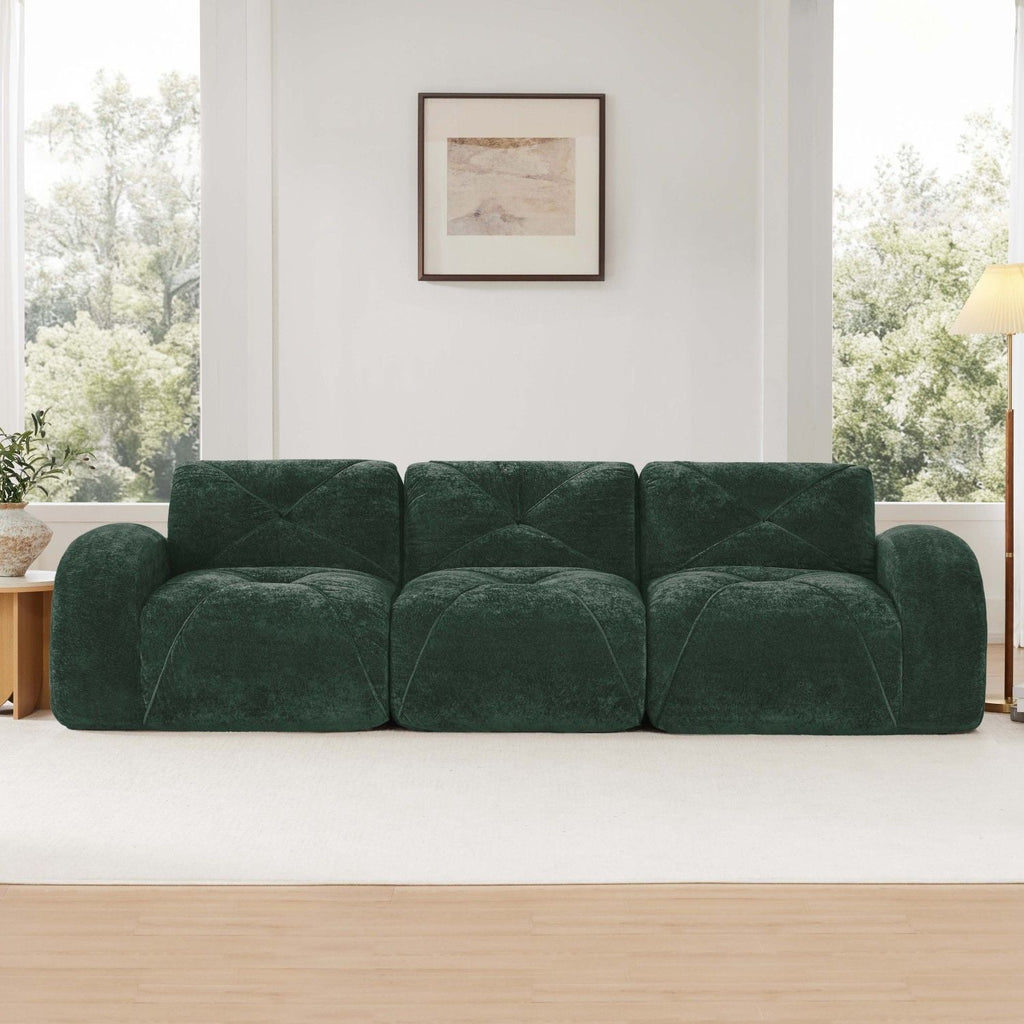 110''Boneless Sofa With Tufted,Soft Velvet Fabric,Modular Sectional Sofa Couches,32D High Density Sponge,Anti-Slip Design,Ergonomic Design Bottom,No Assembly Required,For Study,Home Theater,Green