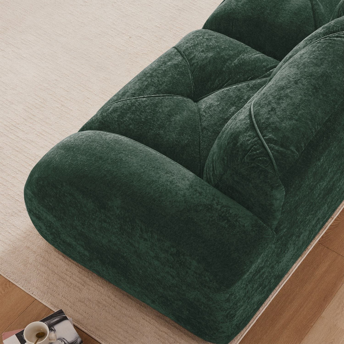 110''Boneless Sofa With Tufted,Soft Velvet Fabric,Modular Sectional Sofa Couches,32D High Density Sponge,Anti-Slip Design,Ergonomic Design Bottom,No Assembly Required,For Study,Home Theater,Green