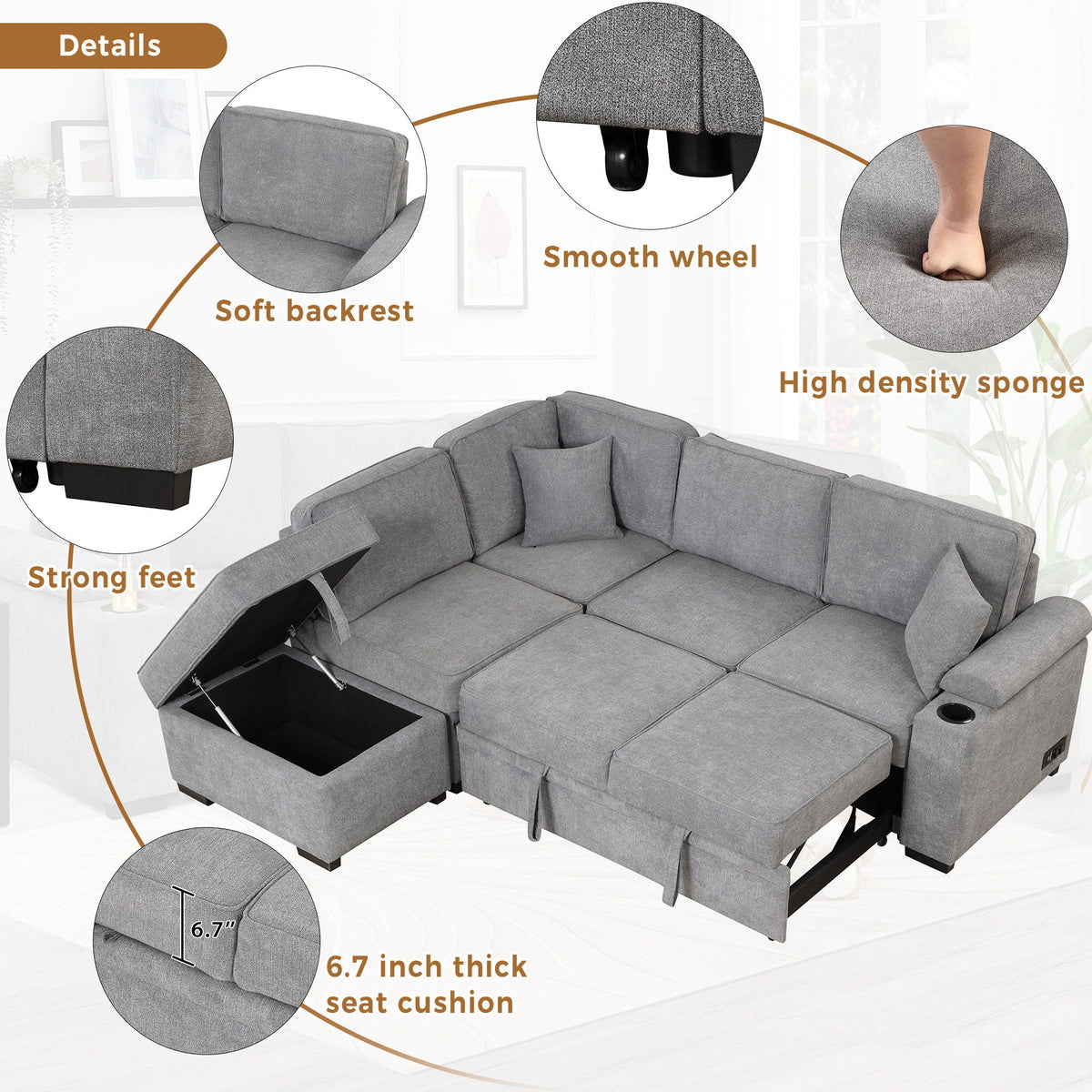 Sleeper Sofa Bed Sectional with Storage Ottoman - Gray, Beige, Green, Black