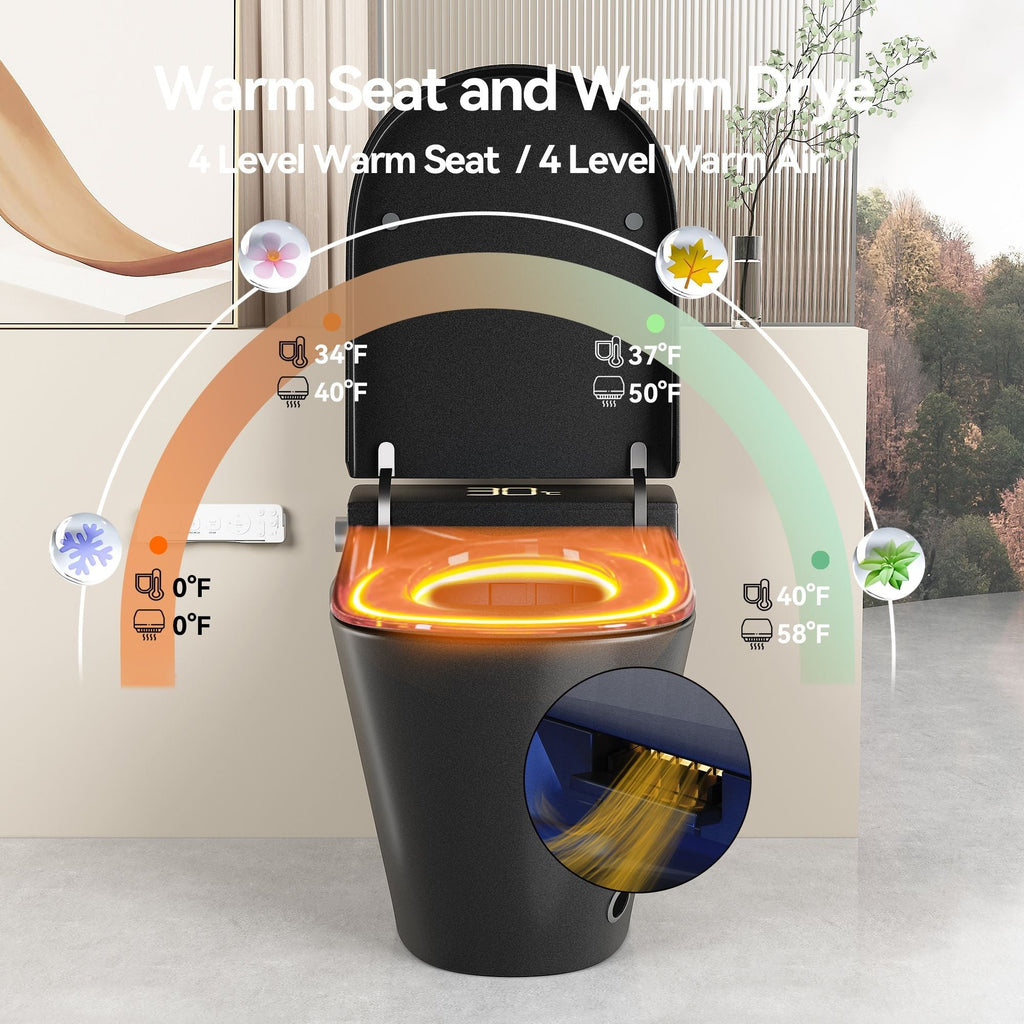 Smart Bidet Toilet with Heated Seat & Auto Open - White, Black, or Dark Gray