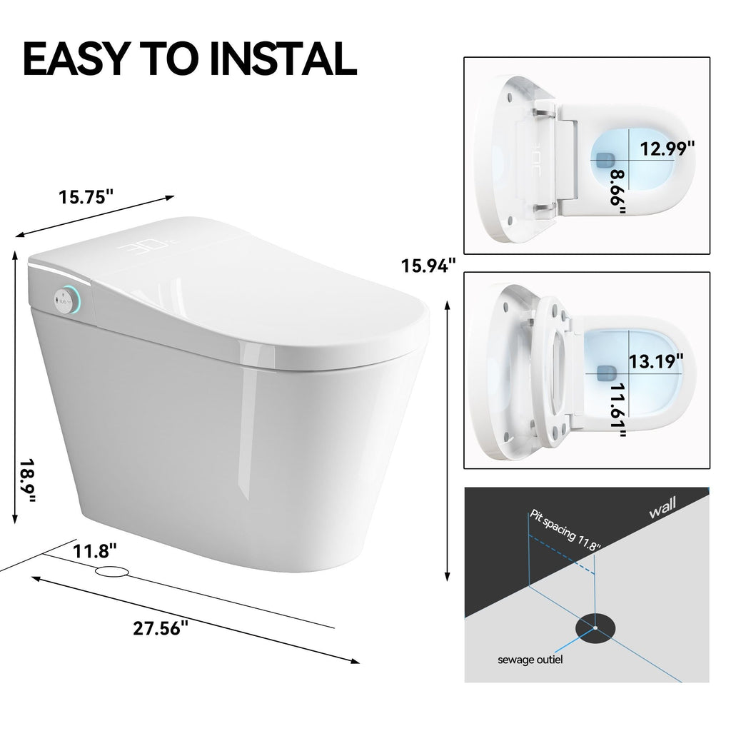 Smart Bidet Toilet with Heated Seat & Auto Open - White, Black, or Dark Gray