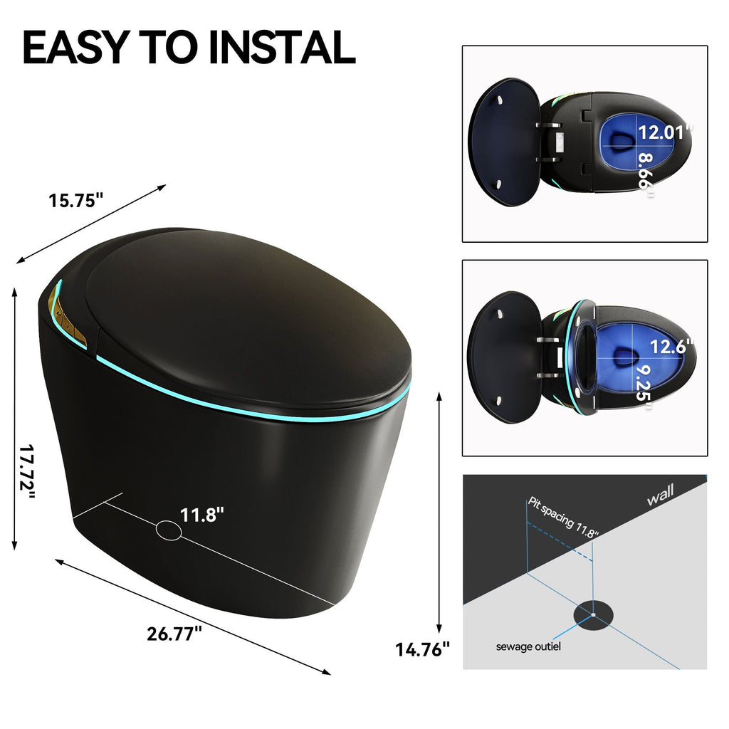 Smart Toilet with Built-In Bidet and Auto Open/Close Seat - White, Dark Gray, Black