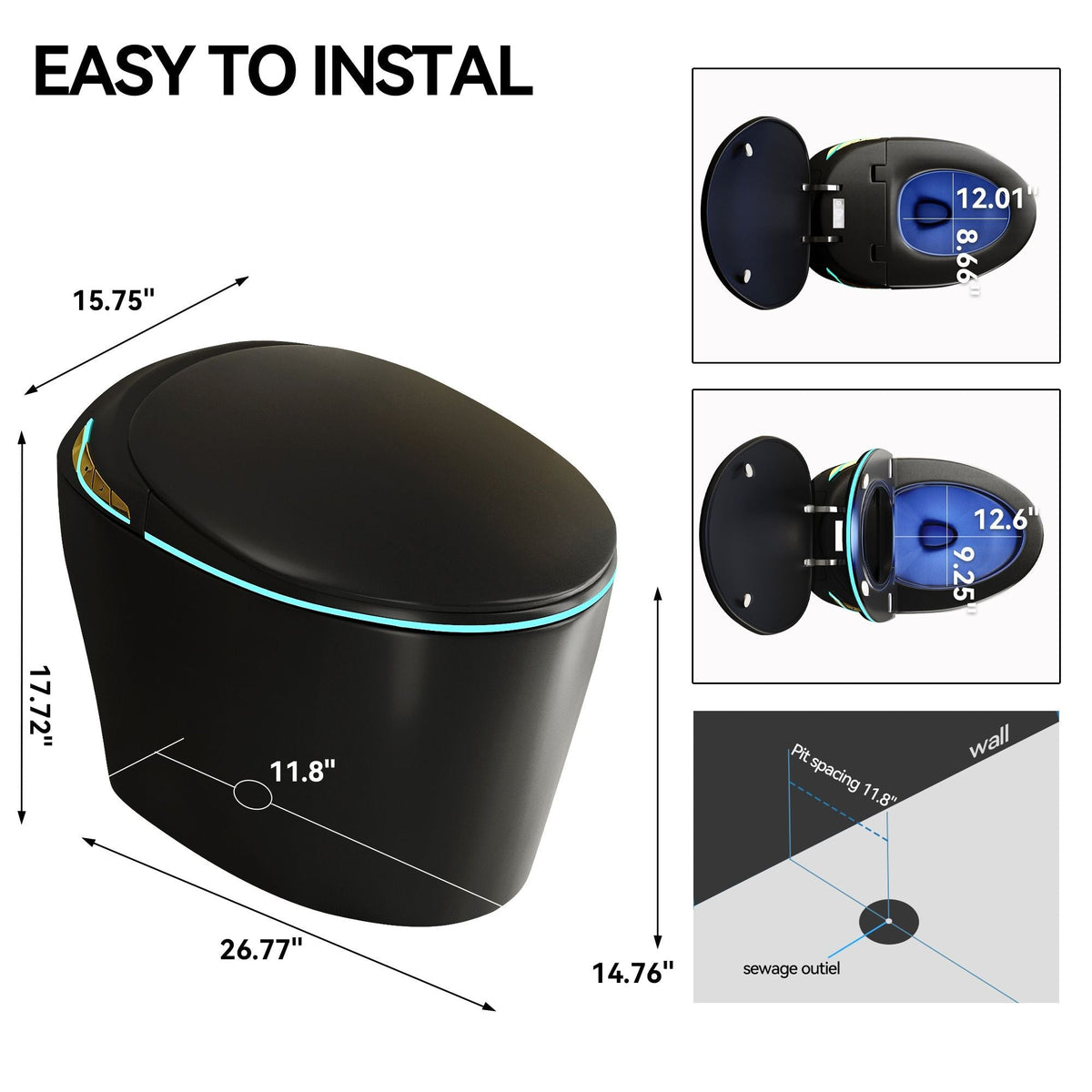 Smart Toilet with Built-In Bidet and Auto Open/Close Seat - White, Dark Gray, Black