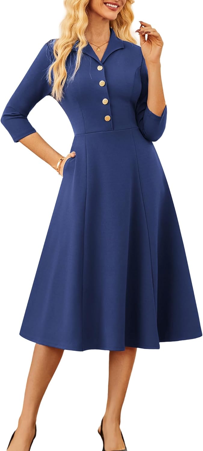GRACE KARIN Work Dresses for Women 2025 3/4 Sleeve V-Neck Semi Formal Fit and Flare Church Dresses with Pockets