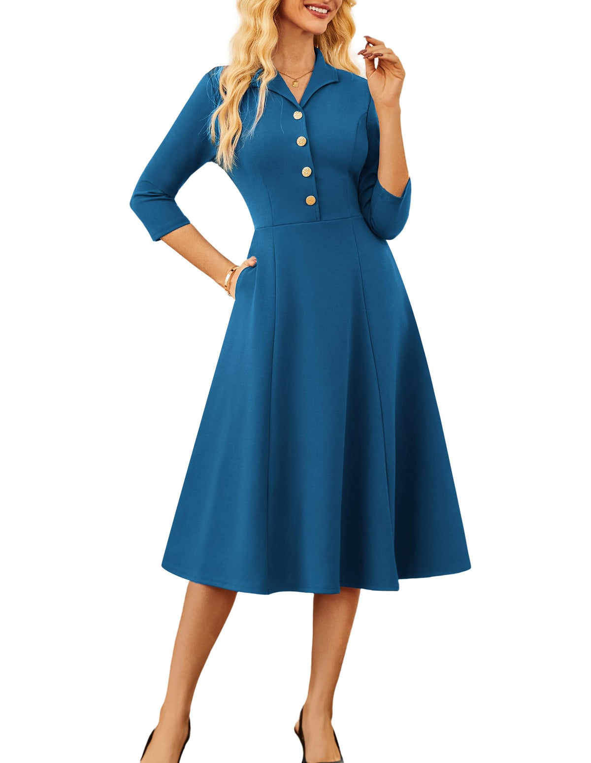 GRACE KARIN Work Dresses for Women 2025 3/4 Sleeve V-Neck Semi Formal Fit and Flare Church Dresses with Pockets