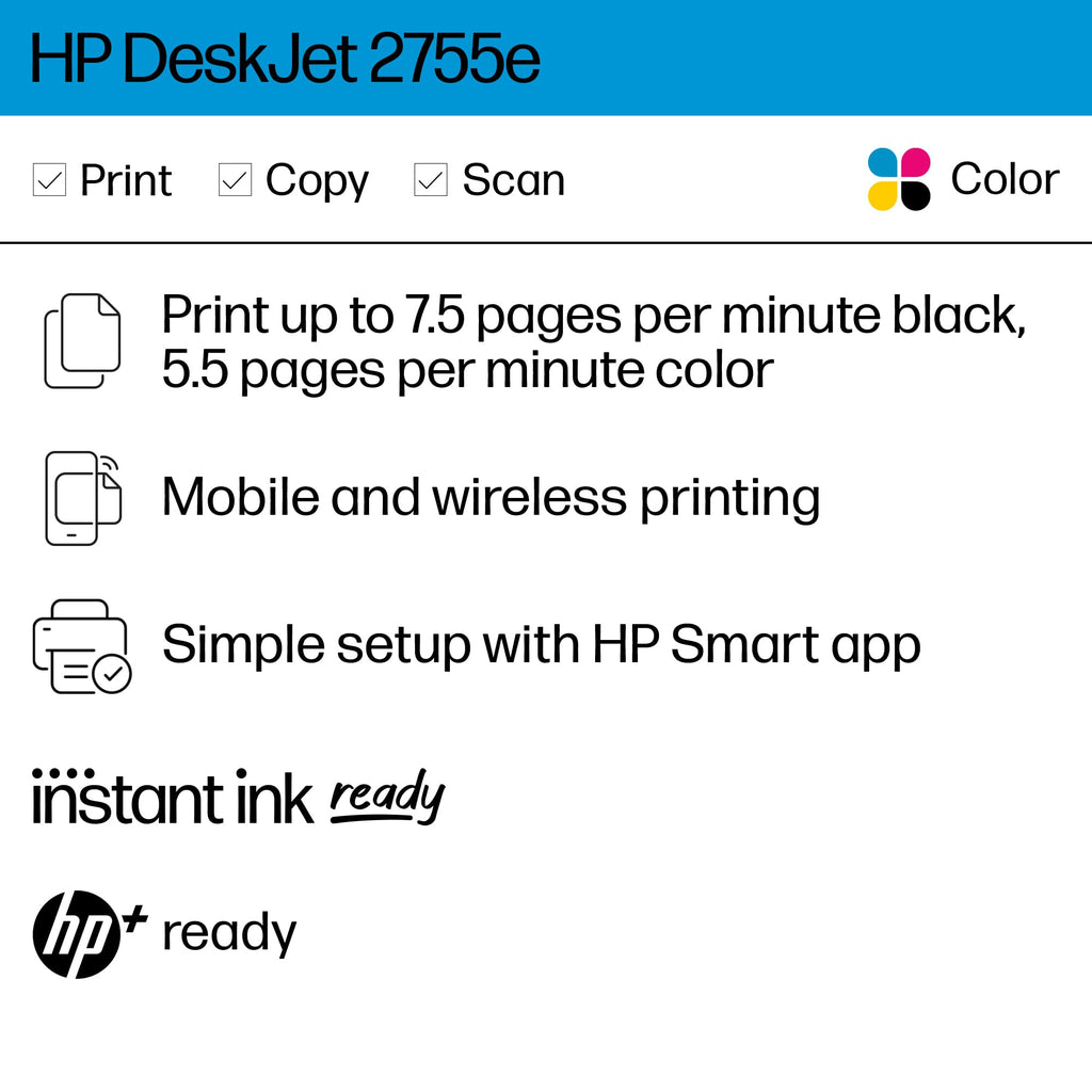 HP DeskJet 2755e Wireless Color inkjet-printer, Print, scan, copy, Easy setup, Mobile printing, Best-for home, 6 month Instant Ink trial included, white (packaging may vary)