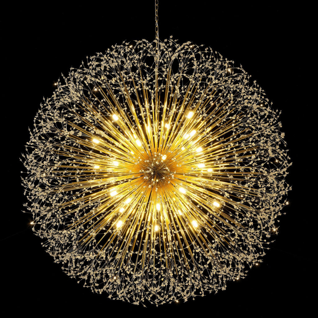 63-Inch Extra Large Dandelion Crystal Chandelier Gold Modern Light Fixture - Grand Firework Sputnik Chandelier for High Ceiling Living Room Foyer - Luxury Hanging Pendant 30 G9 LED Bulbs Included