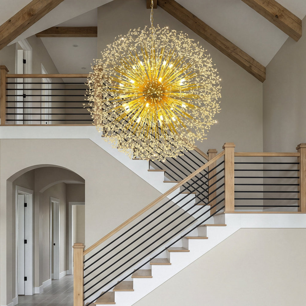 63-Inch Extra Large Dandelion Crystal Chandelier Gold Modern Light Fixture - Grand Firework Sputnik Chandelier for High Ceiling Living Room Foyer - Luxury Hanging Pendant 30 G9 LED Bulbs Included