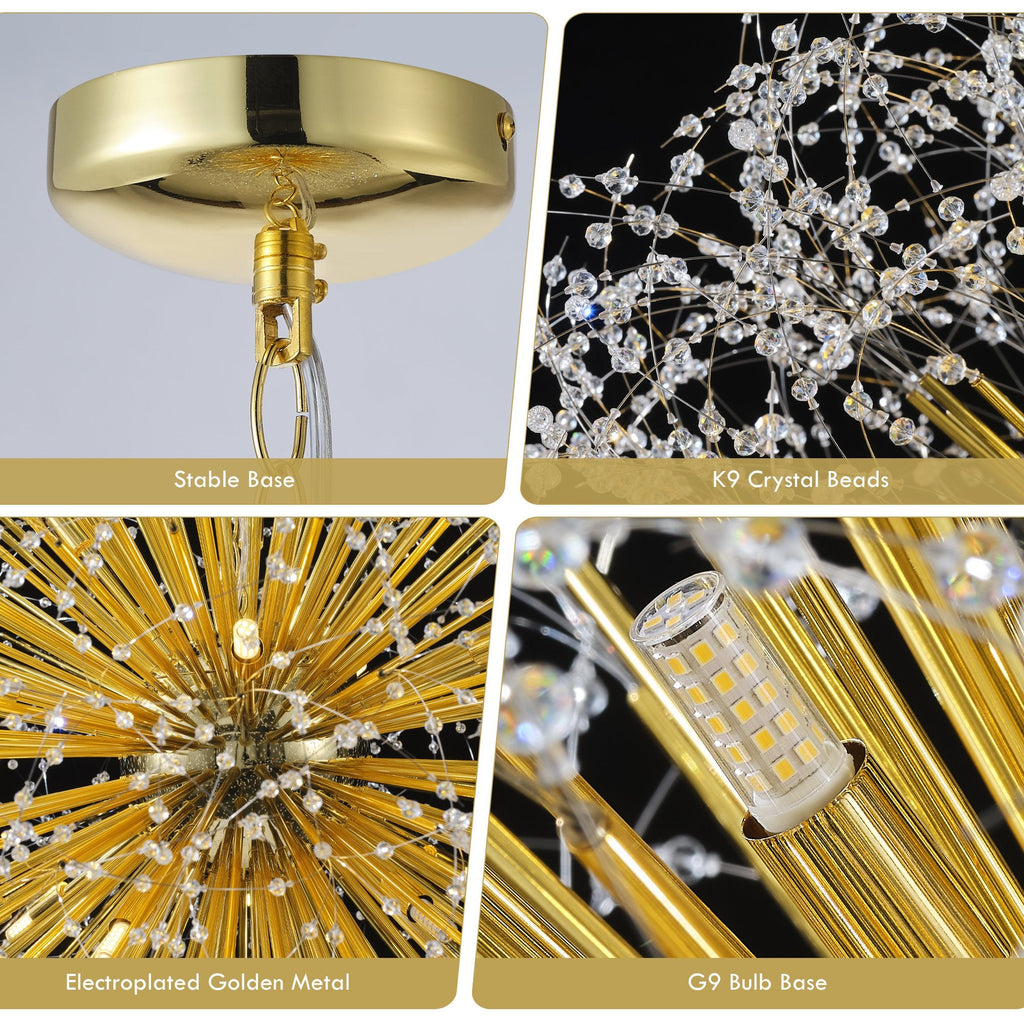 63-Inch Extra Large Dandelion Crystal Chandelier Gold Modern Light Fixture - Grand Firework Sputnik Chandelier for High Ceiling Living Room Foyer - Luxury Hanging Pendant 30 G9 LED Bulbs Included