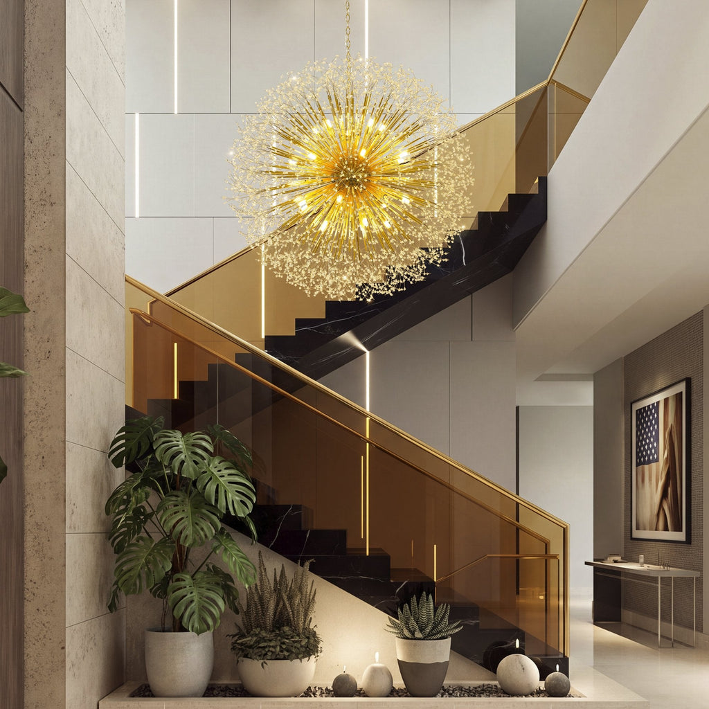 63-Inch Extra Large Dandelion Crystal Chandelier Gold Modern Light Fixture - Grand Firework Sputnik Chandelier for High Ceiling Living Room Foyer - Luxury Hanging Pendant 30 G9 LED Bulbs Included