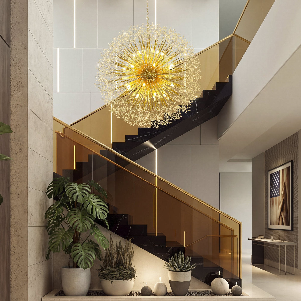 63-Inch Extra Large Dandelion Crystal Chandelier Gold Modern Light Fixture - Grand Firework Sputnik Chandelier for High Ceiling Living Room Foyer - Luxury Hanging Pendant 30 G9 LED Bulbs Included