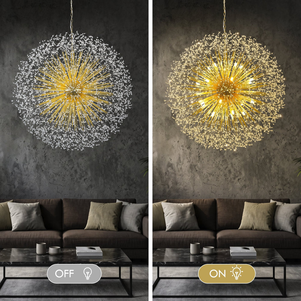 63-Inch Extra Large Dandelion Crystal Chandelier Gold Modern Light Fixture - Grand Firework Sputnik Chandelier for High Ceiling Living Room Foyer - Luxury Hanging Pendant 30 G9 LED Bulbs Included
