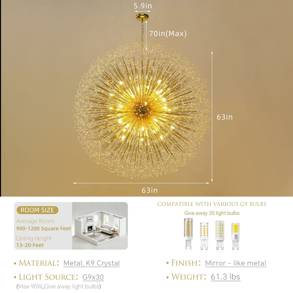 63-Inch Extra Large Dandelion Crystal Chandelier Gold Modern Light Fixture - Grand Firework Sputnik Chandelier for High Ceiling Living Room Foyer - Luxury Hanging Pendant 30 G9 LED Bulbs Included