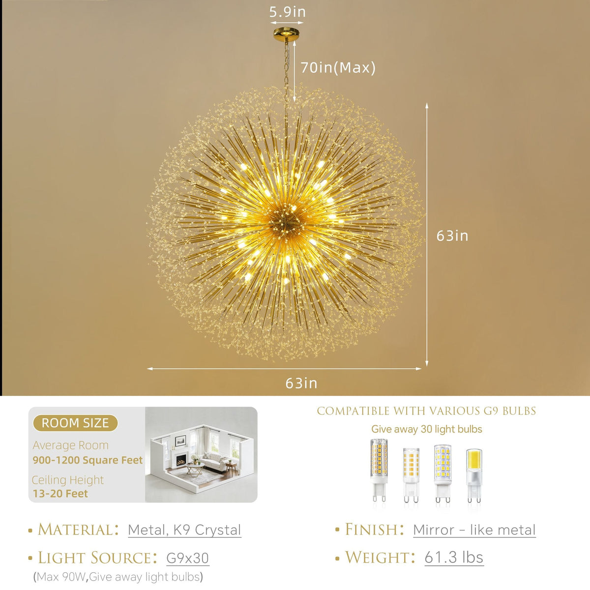 63-Inch Extra Large Dandelion Crystal Chandelier Gold Modern Light Fixture - Grand Firework Sputnik Chandelier for High Ceiling Living Room Foyer - Luxury Hanging Pendant 30 G9 LED Bulbs Included