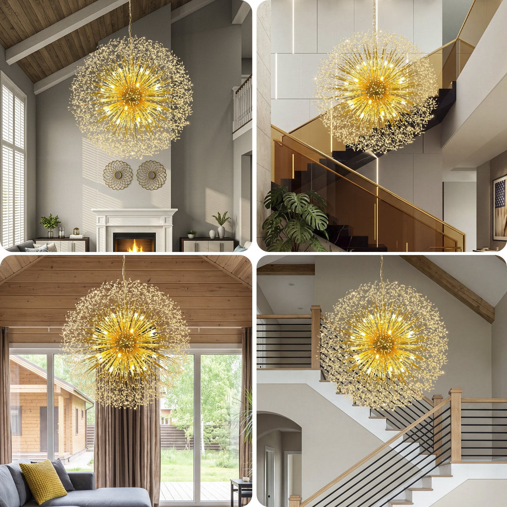 63-Inch Extra Large Dandelion Crystal Chandelier Gold Modern Light Fixture - Grand Firework Sputnik Chandelier for High Ceiling Living Room Foyer - Luxury Hanging Pendant 30 G9 LED Bulbs Included