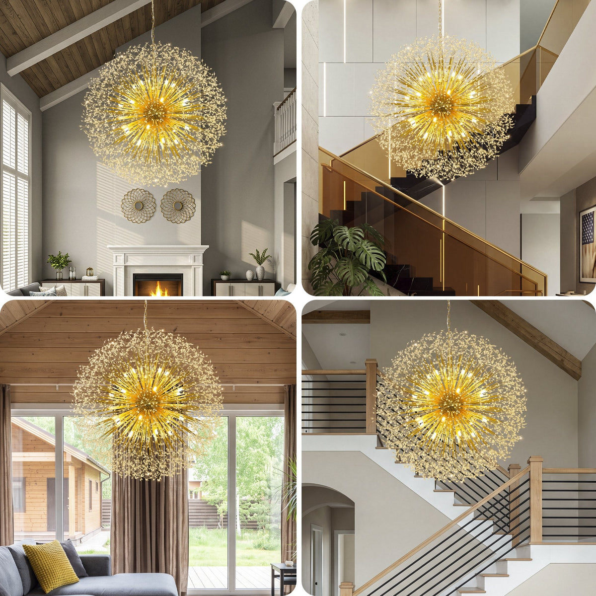 63-Inch Extra Large Dandelion Crystal Chandelier Gold Modern Light Fixture - Grand Firework Sputnik Chandelier for High Ceiling Living Room Foyer - Luxury Hanging Pendant 30 G9 LED Bulbs Included