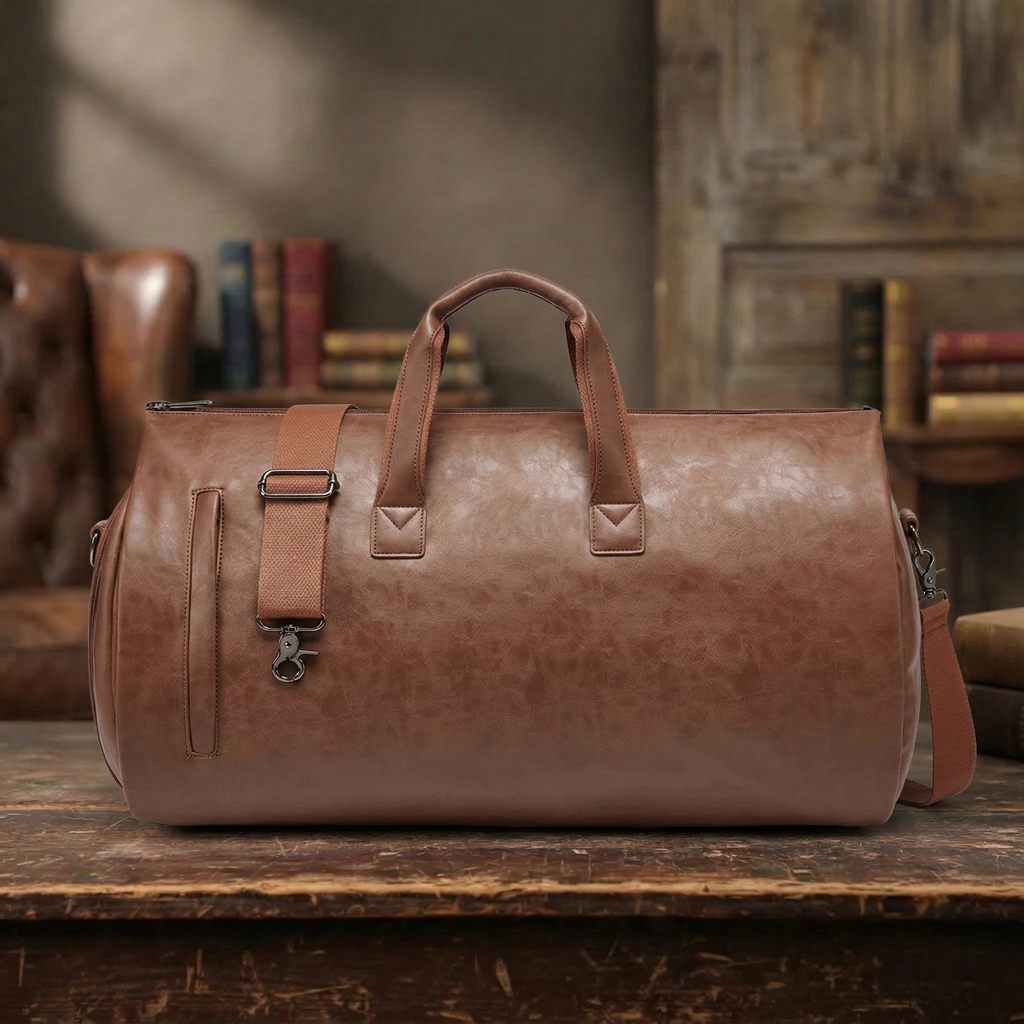 Leather Garment Duffel Bag with Shoe Pouch Waterproof Leather Weekender Bag Hanging Clothes Bag Large Overnight Bag