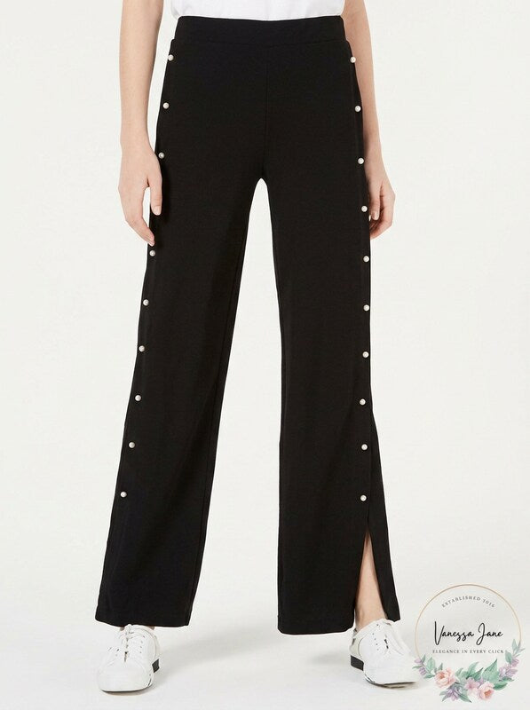 Almost Famous Juniors' Black Pearl-Trim Wide-Leg Pants, XS