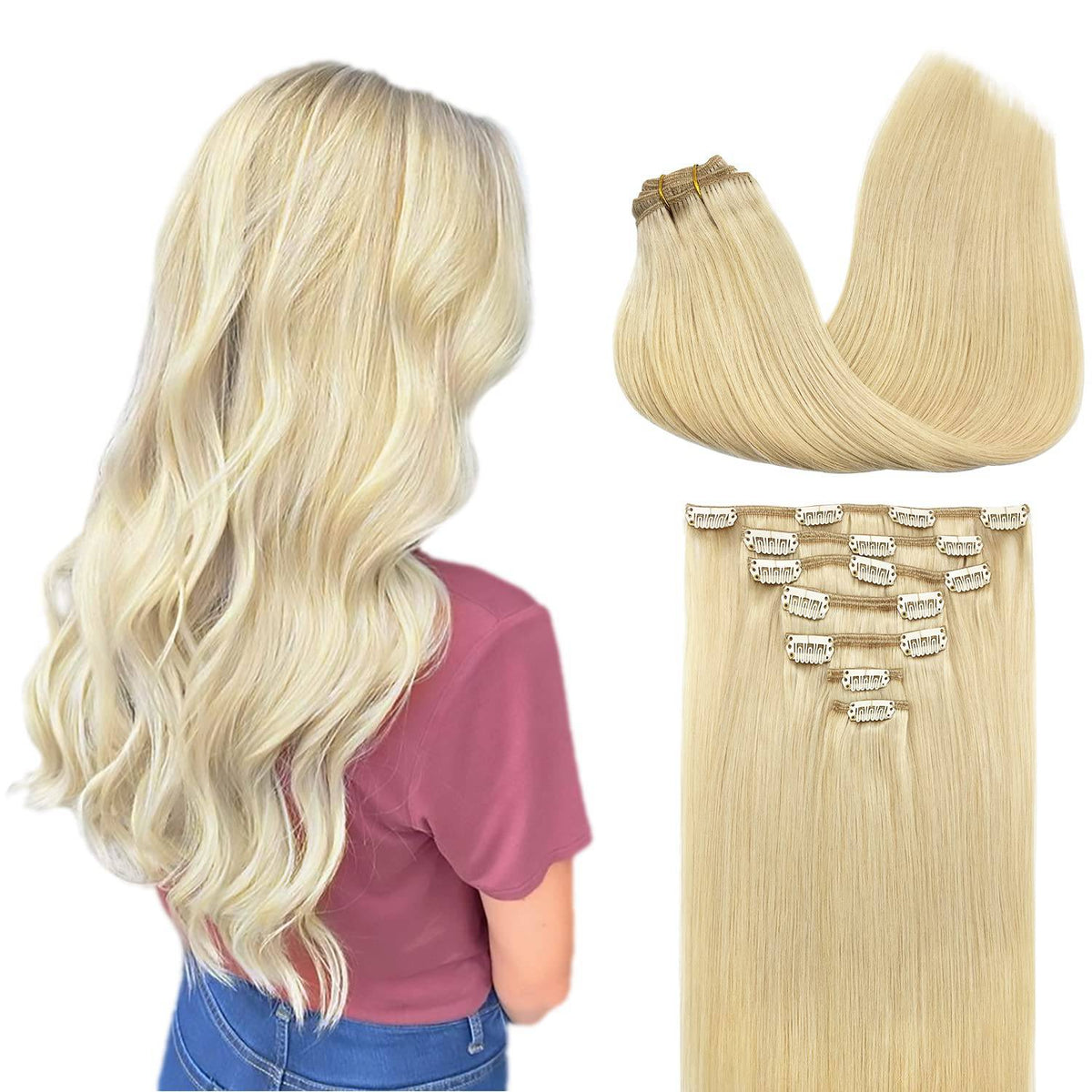 VIP ClipeX Clip-In Hair Extensions 100% Human Hair, Silky Straight 18 Inch (140g) Full Head Set
