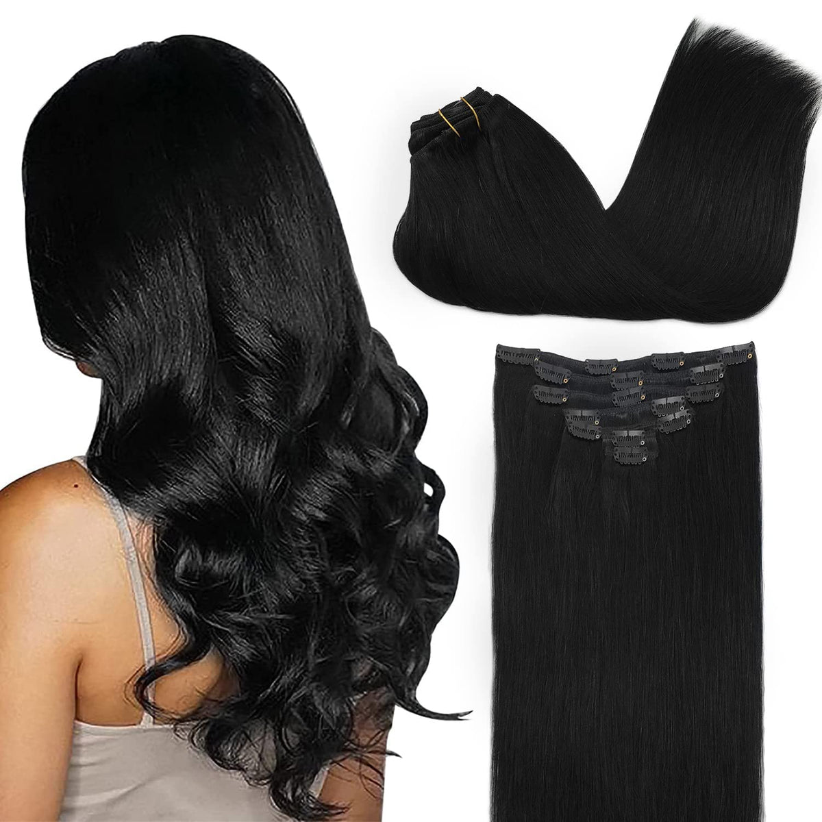 VIP ClipeX Clip-In Hair Extensions 100% Human Hair, Silky Straight 18 Inch (140g) Full Head Set